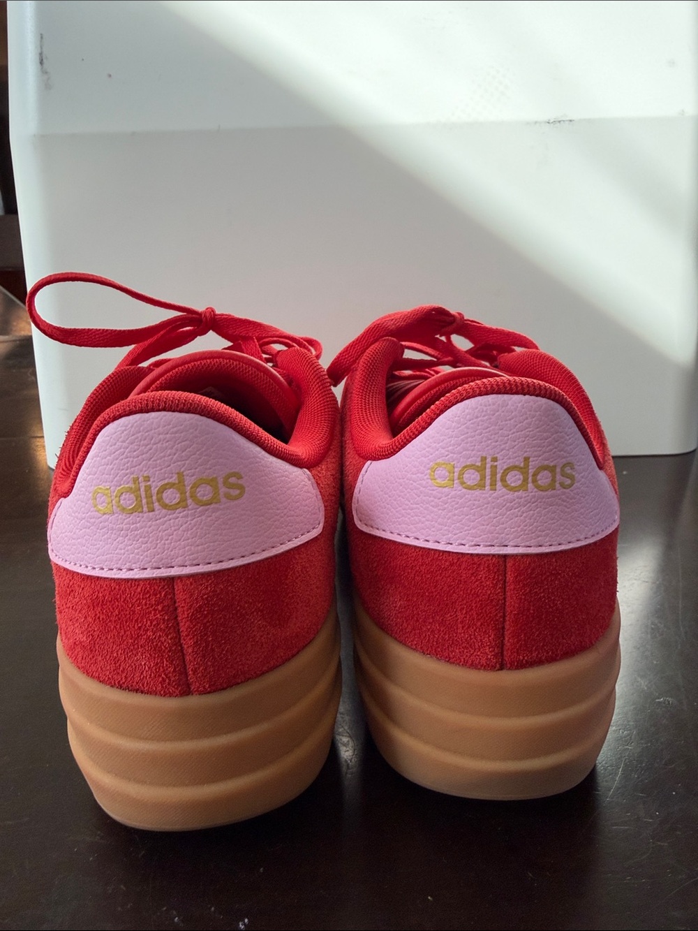adidas Red Suede Sneakers with White Stripes and Gum Sole - Picture 2 of 3